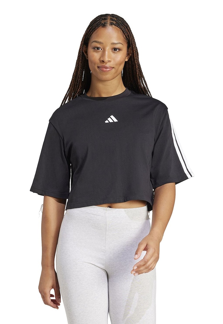 Tricou crop cu croiala lejera si logo - Negru