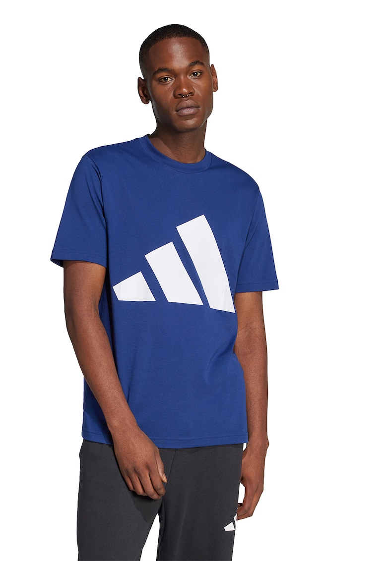 Tricou cu decolteu la baza gatului si imprimeu logo - Alb/Albastru inchis