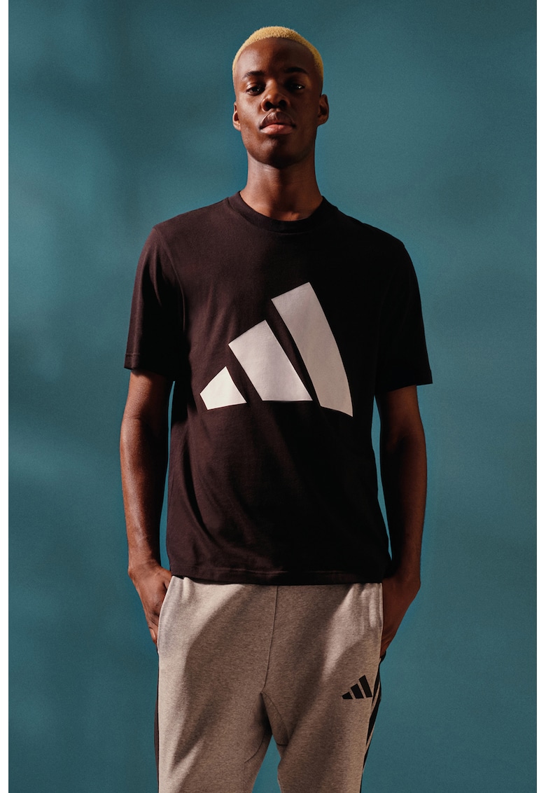 Tricou cu decolteu la baza gatului si imprimeu logo - Alb/Negru