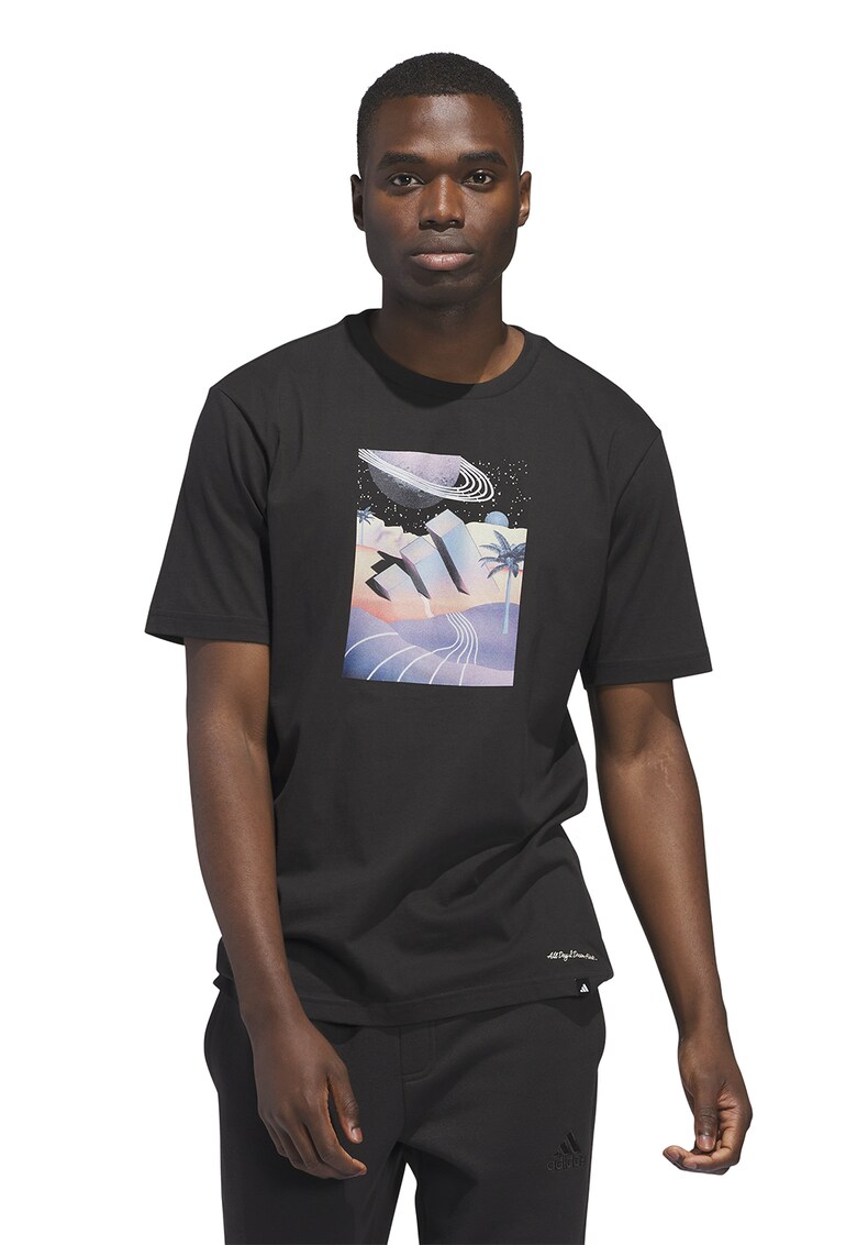 Tricou cu decolteu la baza gatului si imprimeu frontal All Day - Negru