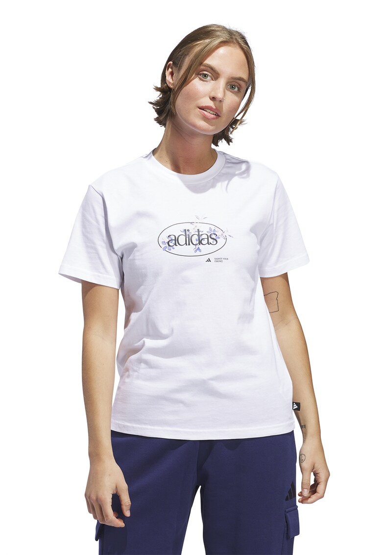 Tricou cu imprimeu logo si decolteu la baza gatului - Alb optic