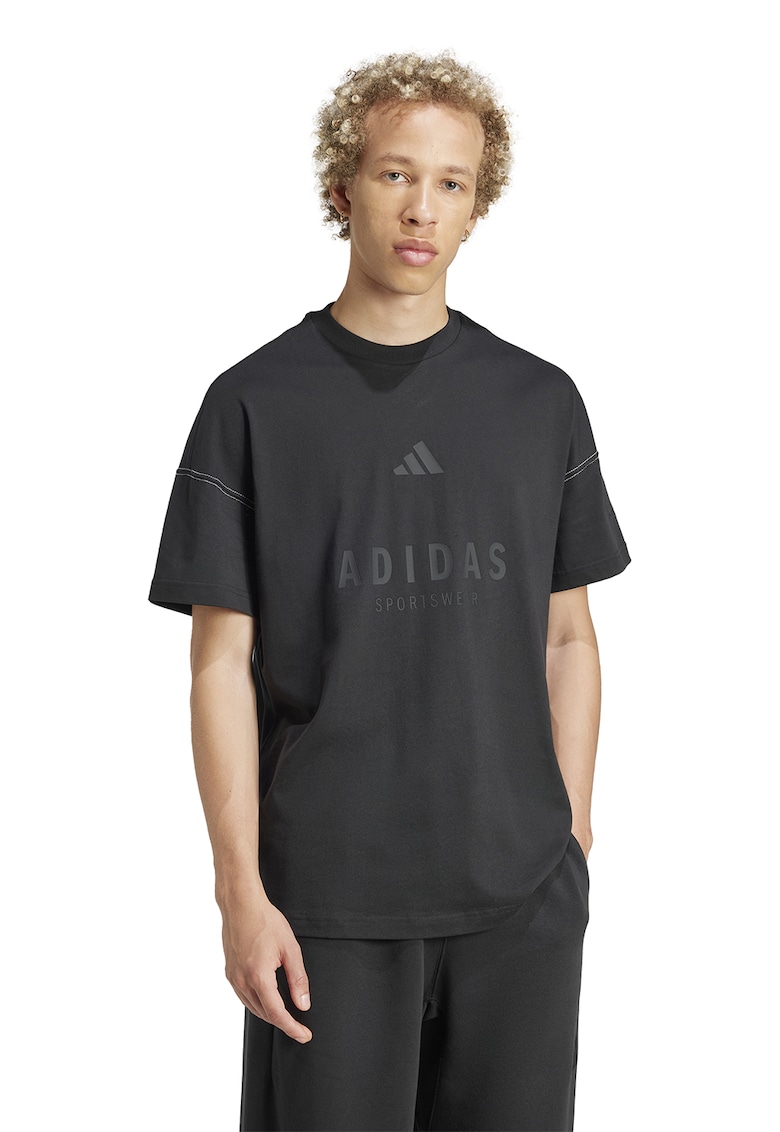 Tricou cu decolteu la baza gatului si imprimeu logo - Negru