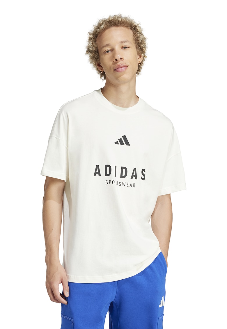 Tricou cu decolteu la baza gatului si imprimeu logo - Alb optic