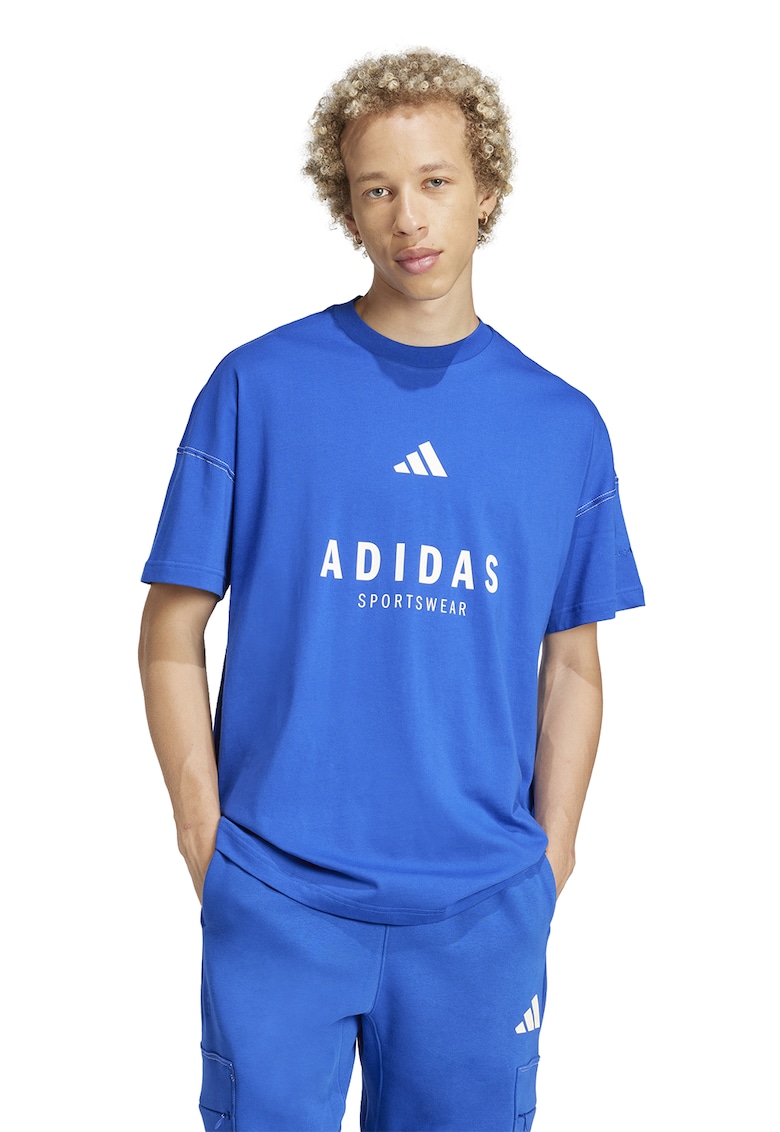 Tricou cu decolteu la baza gatului si imprimeu logo - Albastru royal
