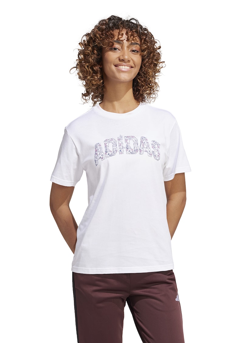 Tricou cu decolteu la baza gatului si imprimeu logo - Alb/Bleumarin