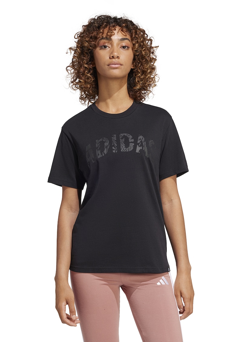 Tricou cu decolteu la baza gatului si imprimeu logo - Negru