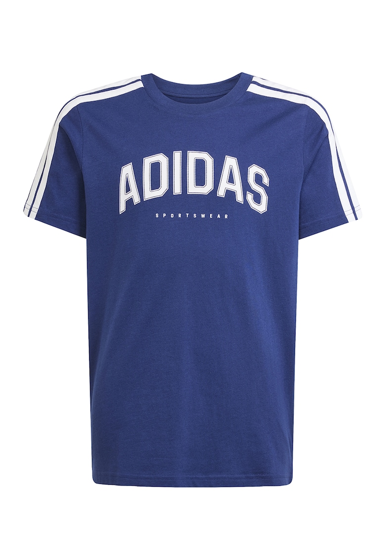 Tricou cu decolteu la baza gatului si logo - Albastru inchis/Alb murdar