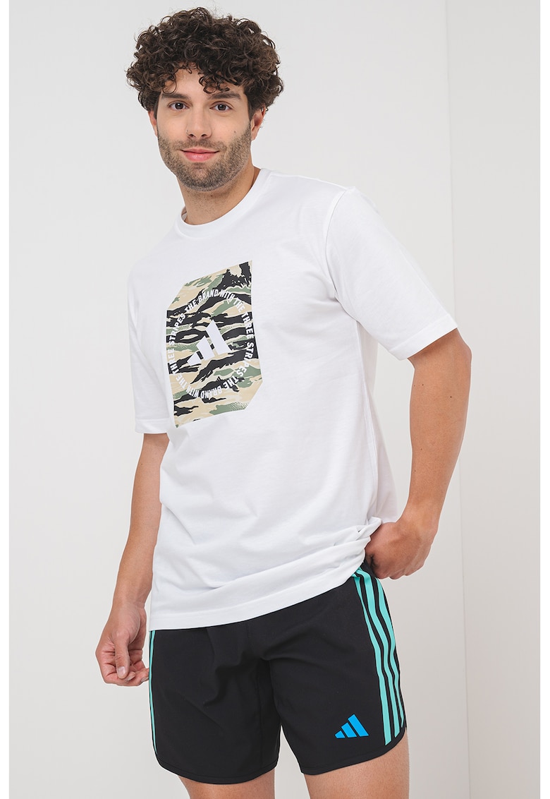 Tricou cu decolteu la baza gatului si imprimeu logo - Alb/Negru