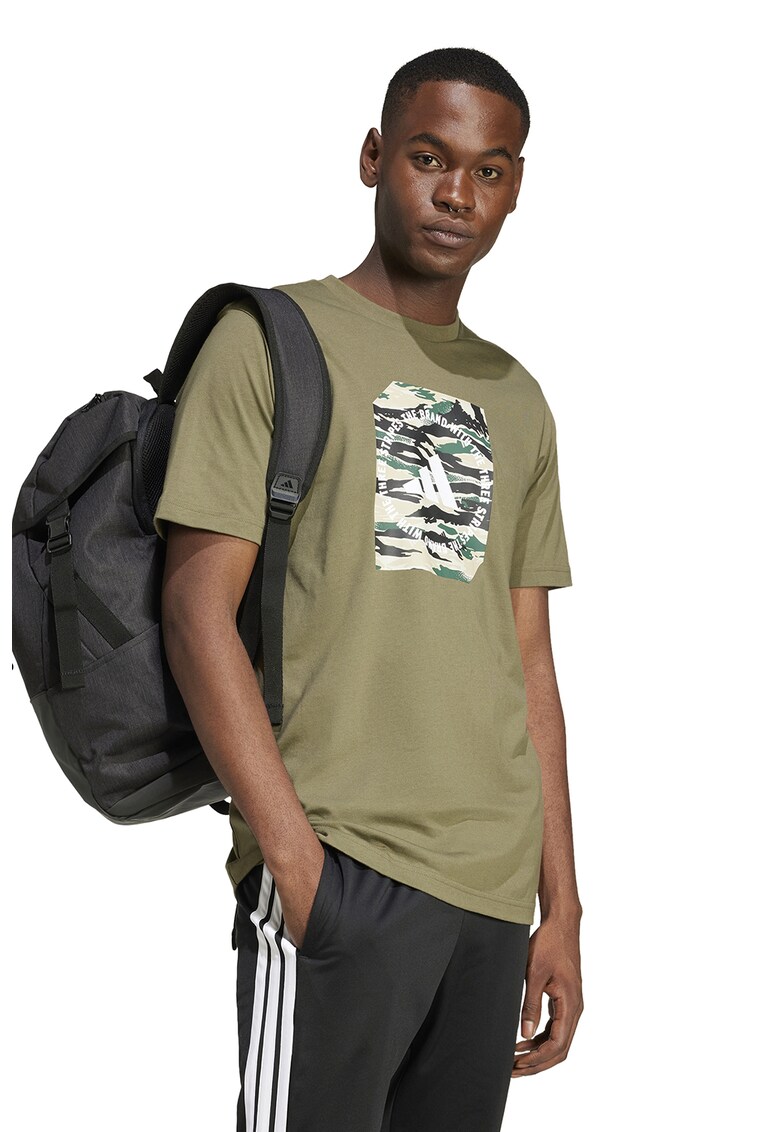 Tricou cu decolteu la baza gatului si imprimeu logo - Verde/Kaki