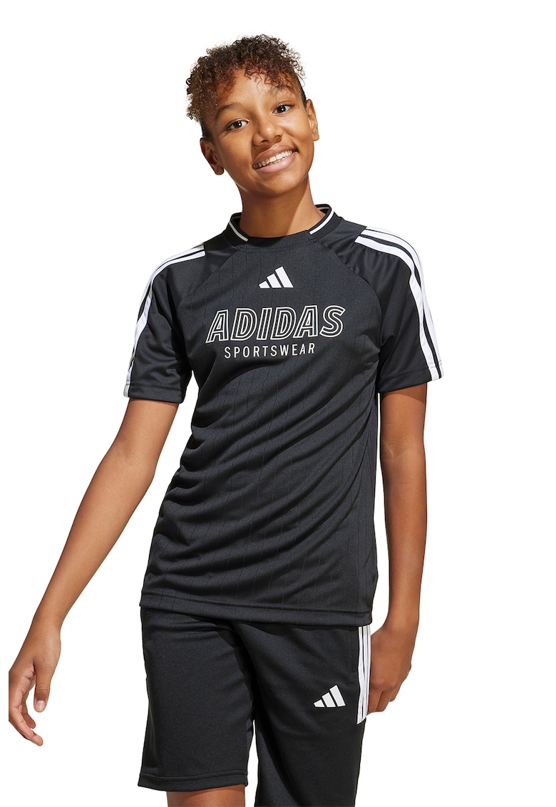 Tricou cu logo si decolteu la baza gatului - Alb/Negru stins