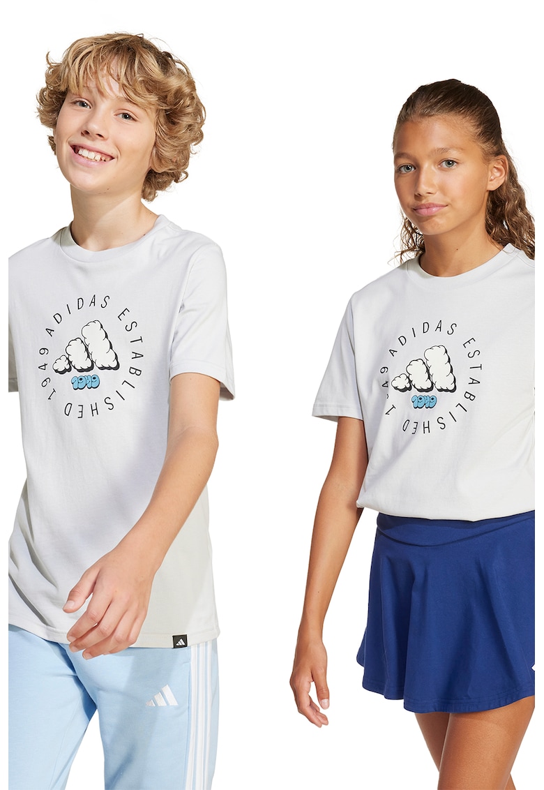 Tricou cu decolteu la baza gatului si imprimeu logo - Alb murdar/Albastru deschis