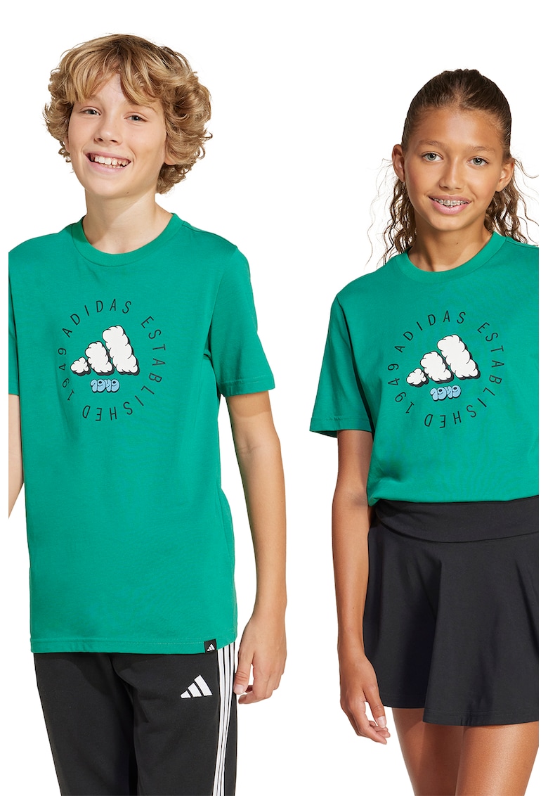 Tricou cu decolteu la baza gatului si imprimeu logo - Alb/Verde persan