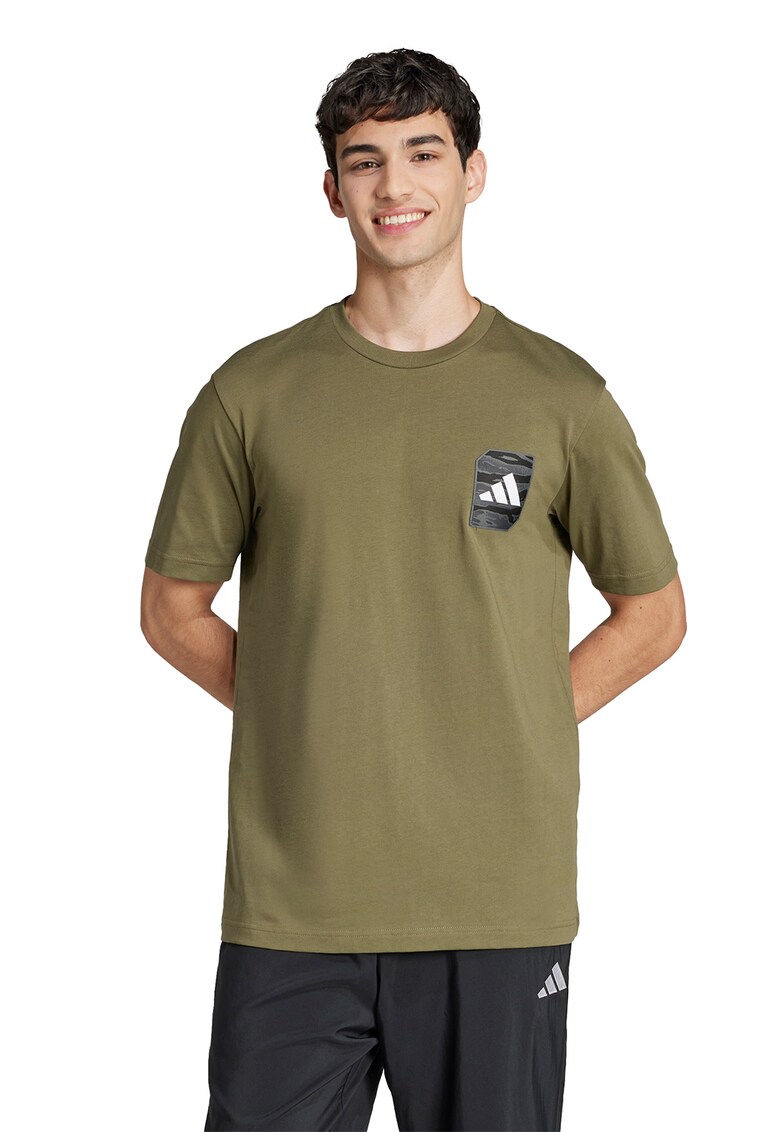 Tricou cu decolteu la baza gatului si logo aplicat - Alb/Negru/Kaki