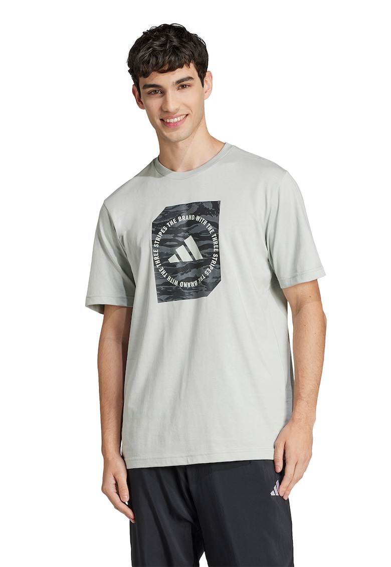 Tricou cu decolteu la baza gatului si imprimeu logo - Negru/Gri cenusiu