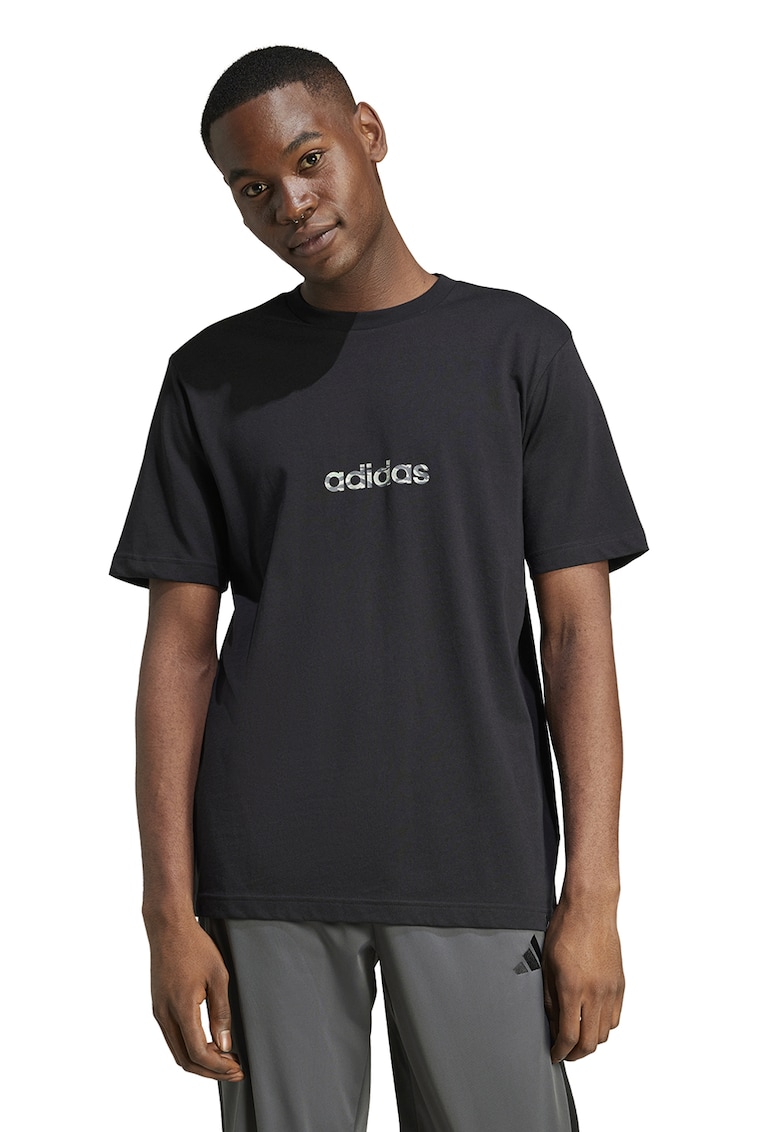 Tricou cu decolteu la baza gatului si imprimeu logo - Negru