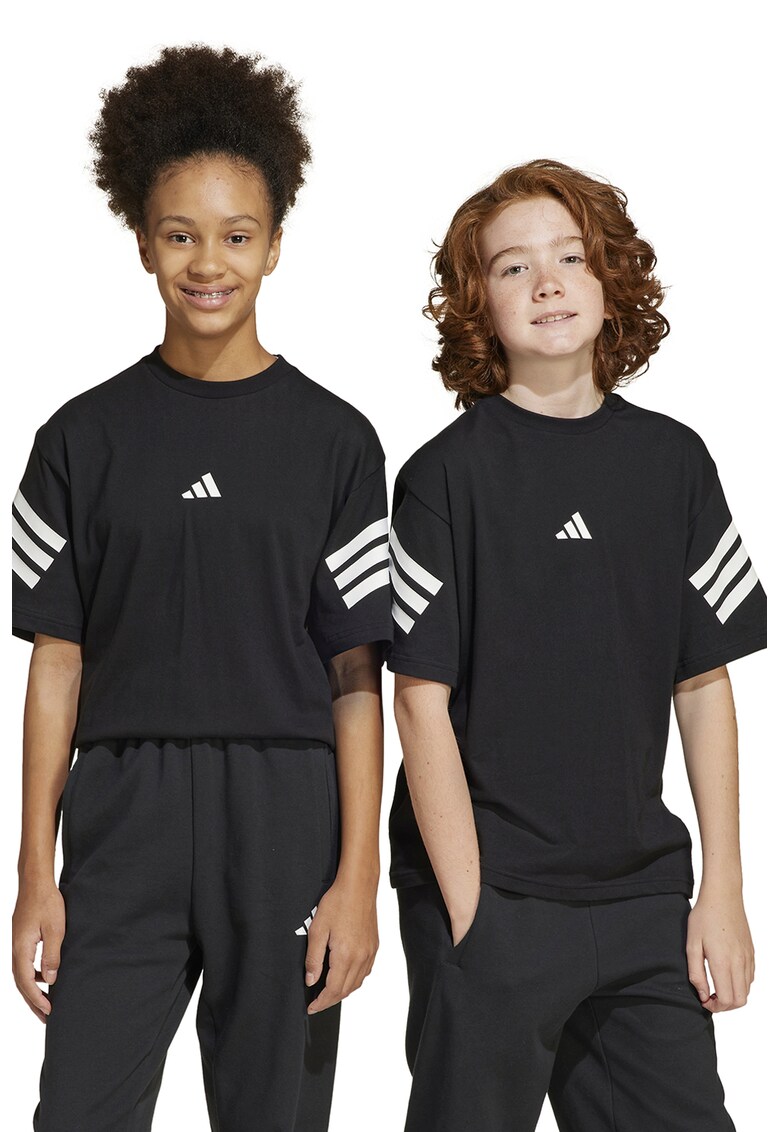 Tricou cu decolteu la baza gatului si logo - Negru stins/Alb murdar