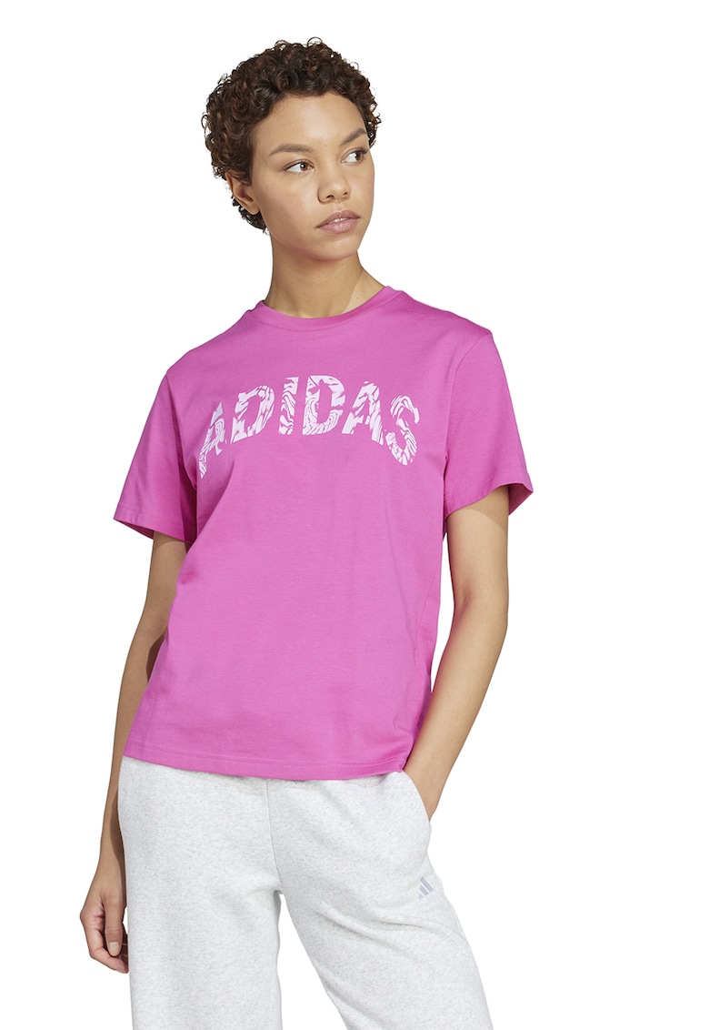 Tricou cu decolteu la baza gatului si imprimeu logo - Roz deschis