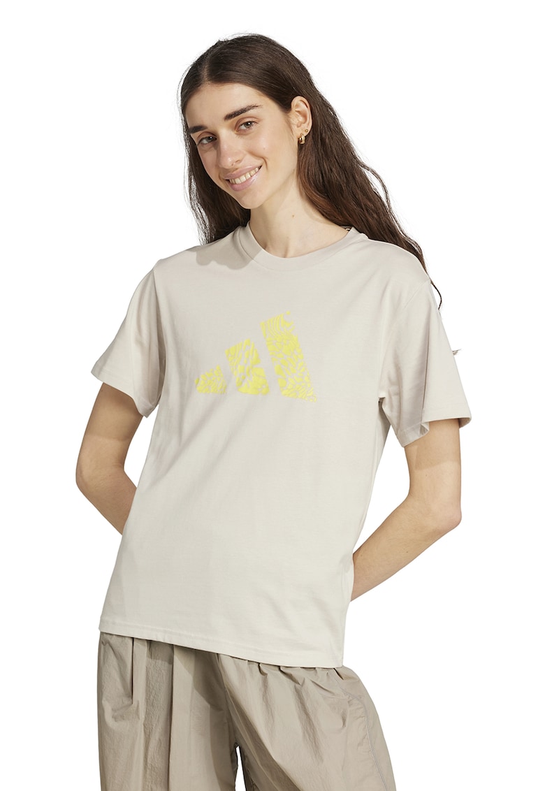 Tricou din bumbac cu imprimeu logo - Galben deschis/Grej