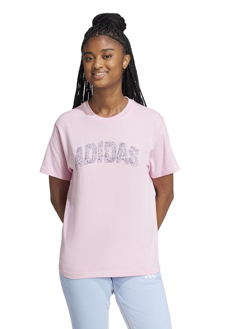 Tricou cu decolteu la baza gatului si imprimeu logo - Roz deschis