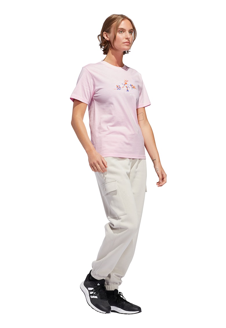 Tricou cu imprimeu logo si decolteu la baza gatului - Portocaliu/Albastru inchis/Roz pastel