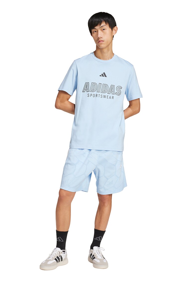 Tricou cu imprimeu logo si decolteu la baza gatului - Albastru pastel/Negru stins