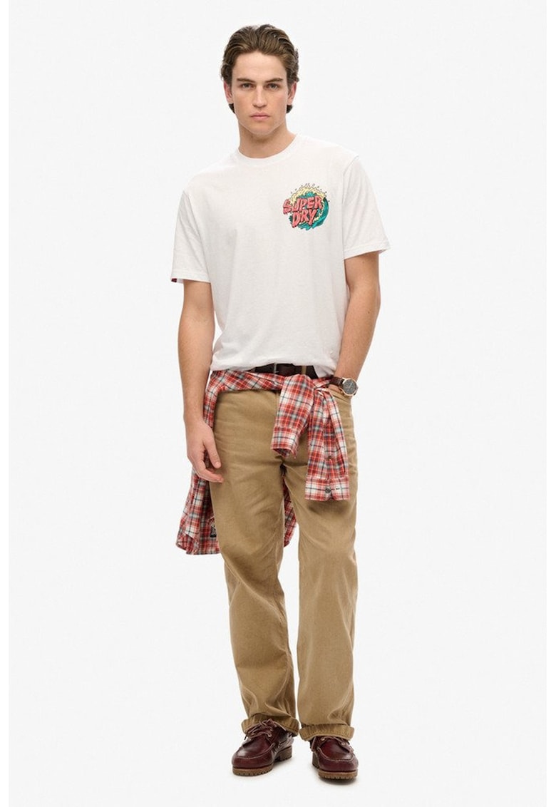 Tricou din bumbac cu decolteu la baza gatului si logo pe partea din spate