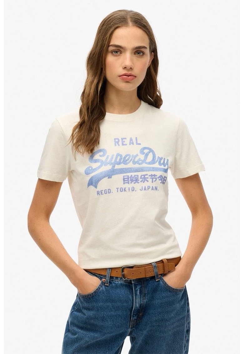 Tricou cu imprimeu logo si aplicatii cu strasuri