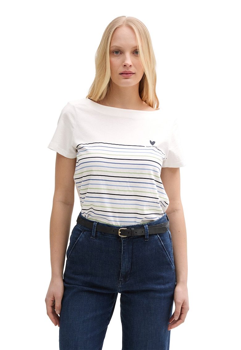 Tricou din bumbac organic cu model in dungi si decolteu barcuta