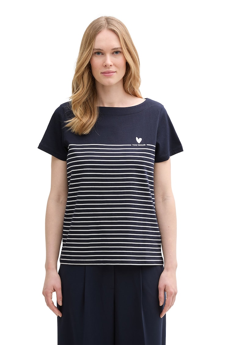 Tricou din bumbac organic cu model in dungi si decolteu barcuta
