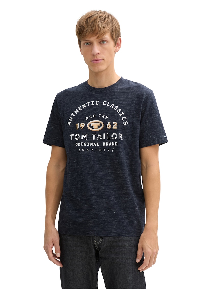 Tricou cu imprimeu logo si decolteu la baza gatului - Albastru ultramarin