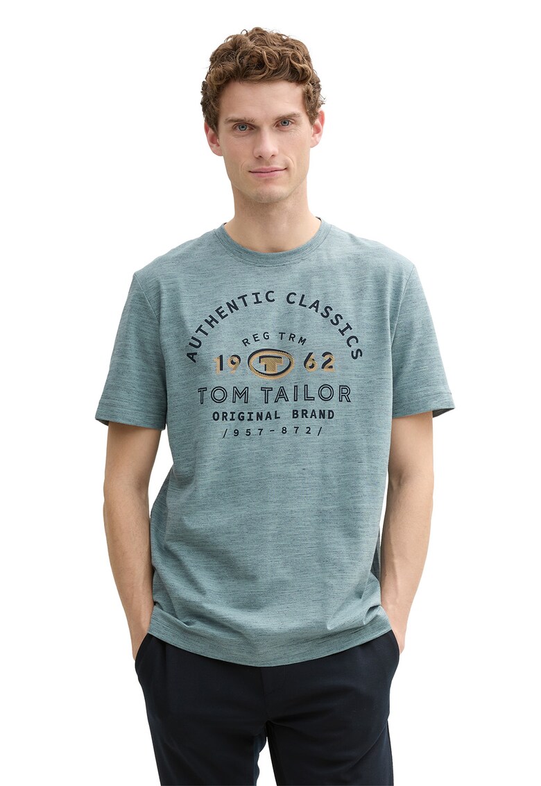 Tricou cu imprimeu logo si decolteu la baza gatului - Verde pal