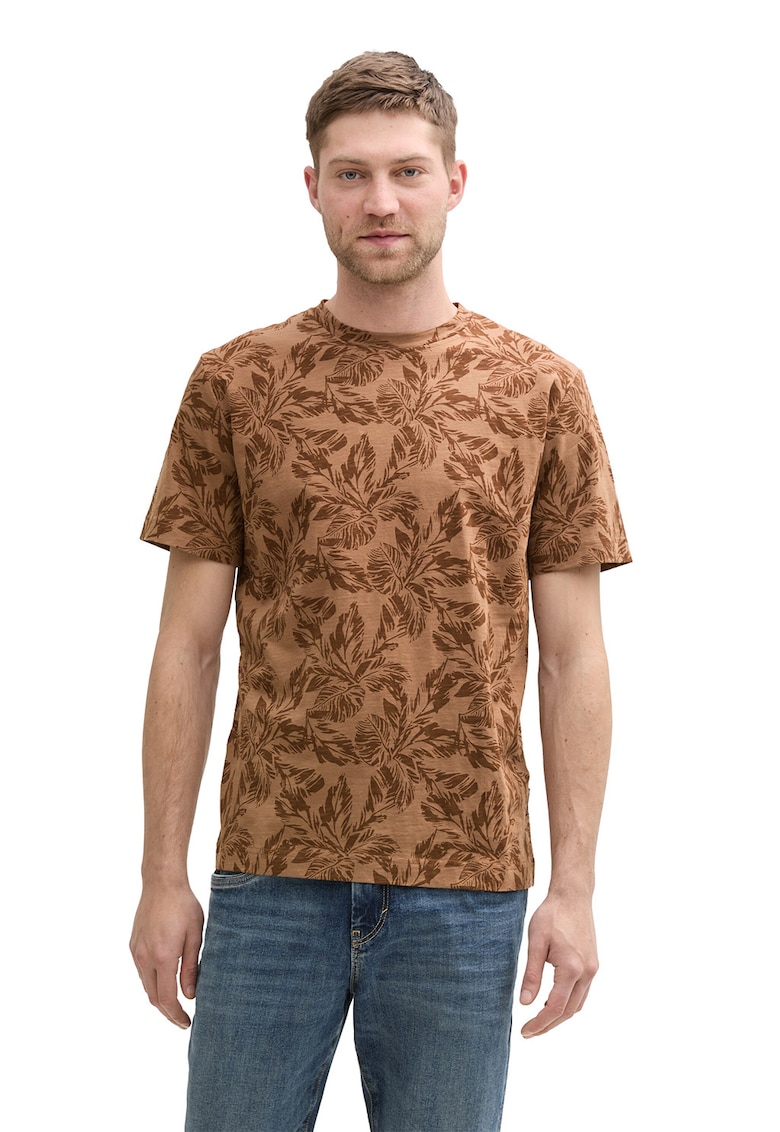 Tricou cu decolteu la baza gatului si model - Bej inchis