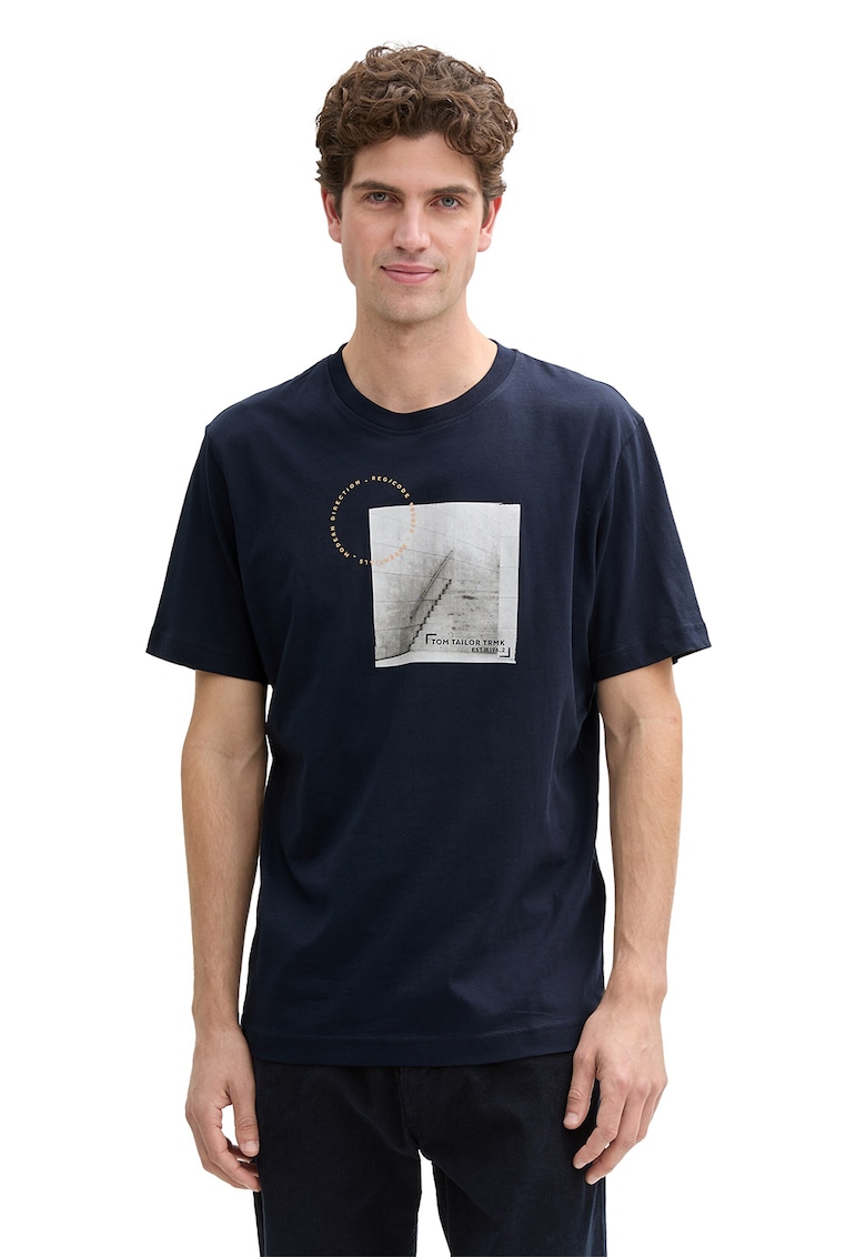 Tricou cu decolteu la baza gatului si model grafic - Bleumarin