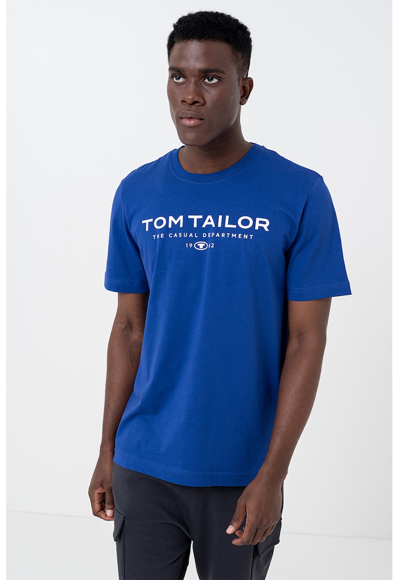 Tricou de bumbac cu imprimeu logo - Albastru inchis/Alb murdar