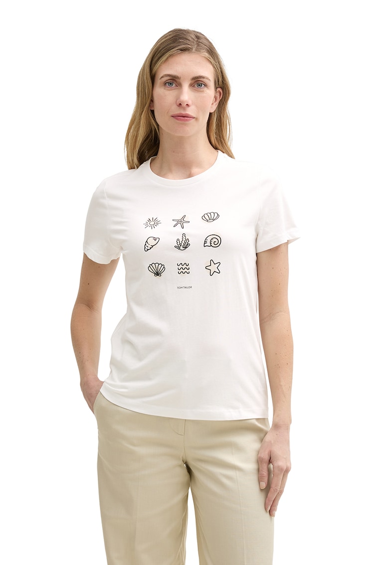 Tricou cu imprimeu si decolteu la baza gatului - Alb