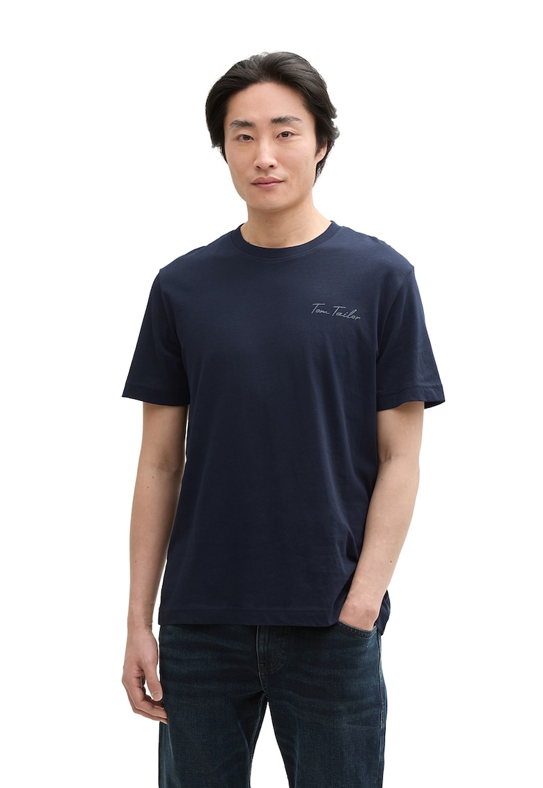 Tricou de bumbac cu decolteu la baza gatului si logo - Bleumarin