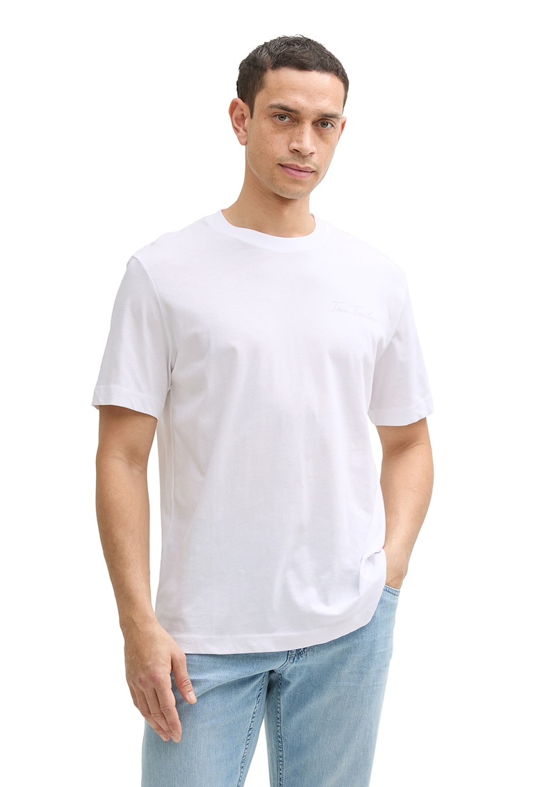 Tricou de bumbac cu decolteu la baza gatului si logo