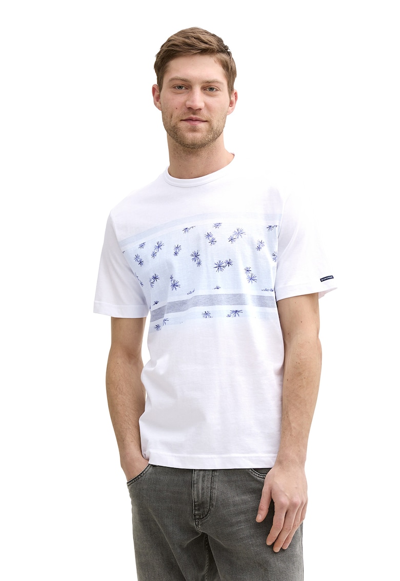 Tricou cu decolteu la baza gatului si imprimeu - Alb/Albastru deschis