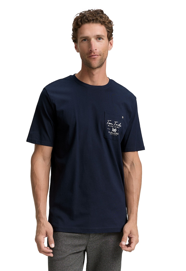 Tricou cu decolteu la baza gatului si buzunar pe piept - Albastru