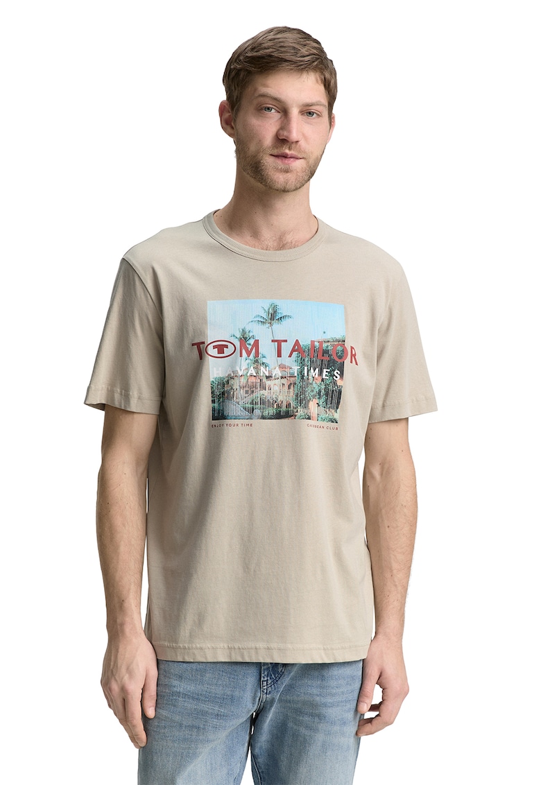 Tricou de bumbac cu imprimeu foto - Bej deschis