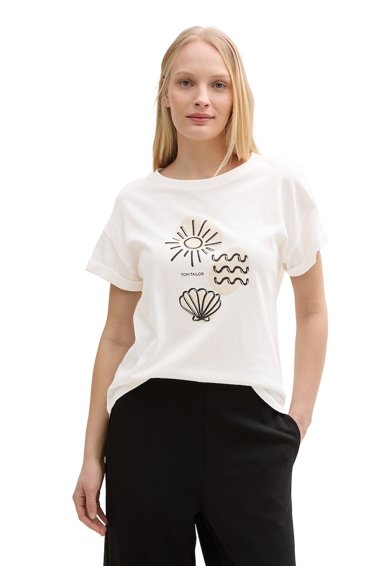 Tricou de bumbac cu decolteu la baza gatului - Alb/Negru