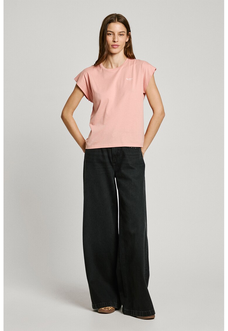 Tricou cu decolteu la baza gatului si logo - Roz prafuit