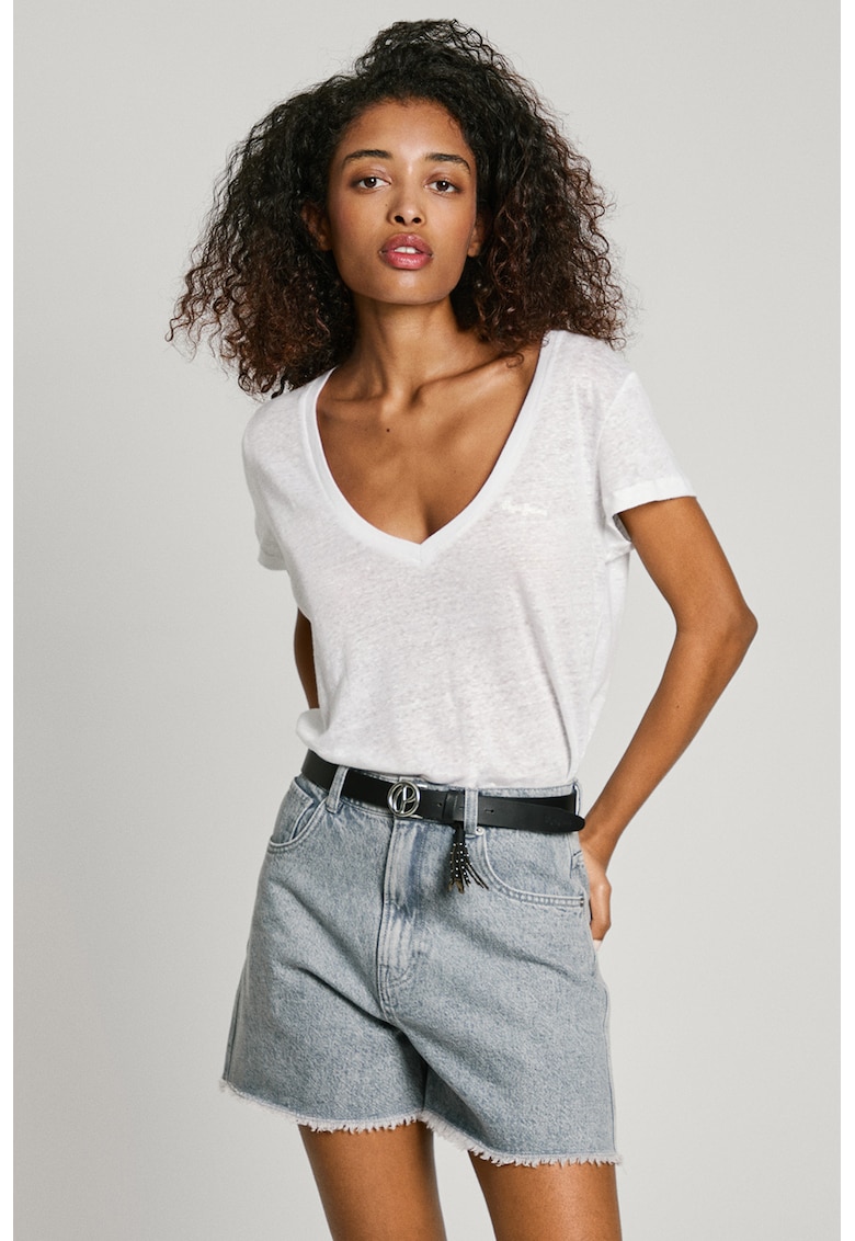 Tricou din bumbac si in cu decolteu in V Megan - Alb