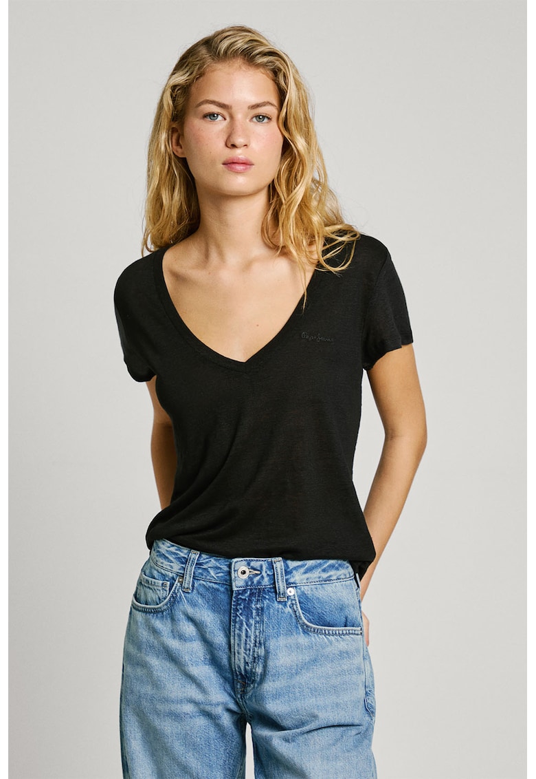 Tricou din bumbac si in cu decolteu in V Megan - Negru