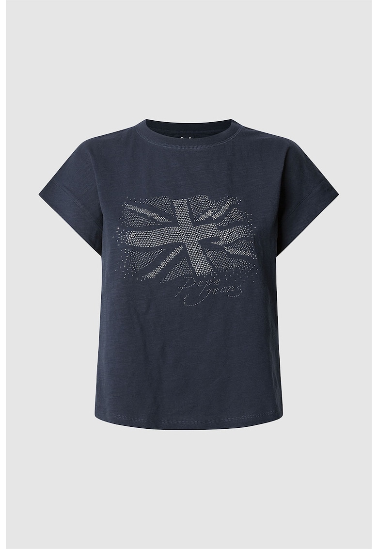 Tricou cu logo - strasuri si decolteu la baza gatului - Albastru inchis/Argintiu