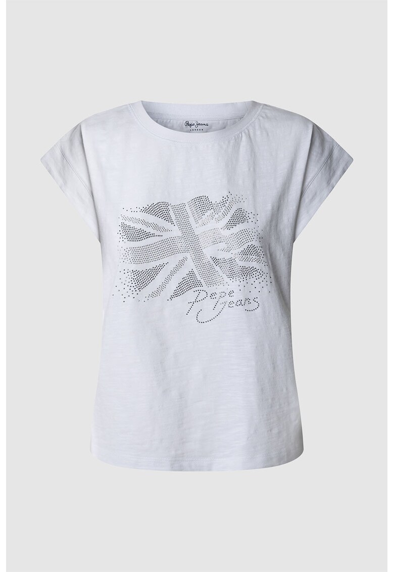 Tricou cu logo - strasuri si decolteu la baza gatului - Alb murdar/Argintiu