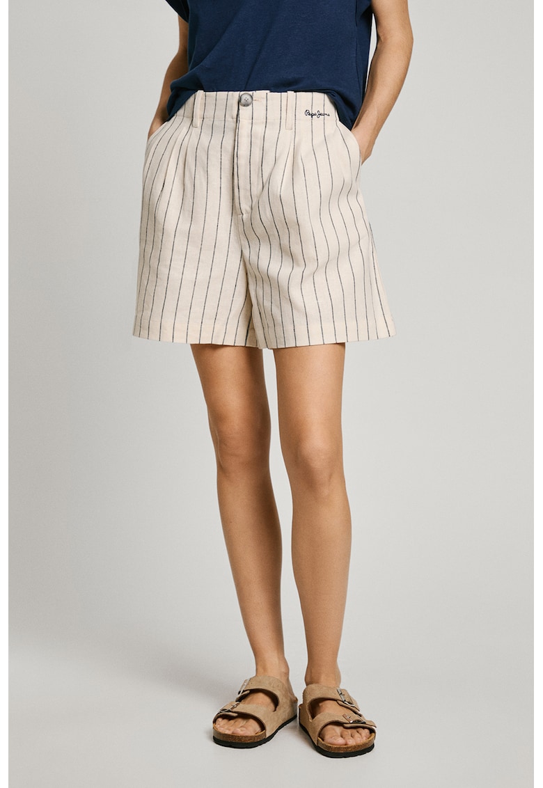 Bermude din amestec de in cu model in dungi