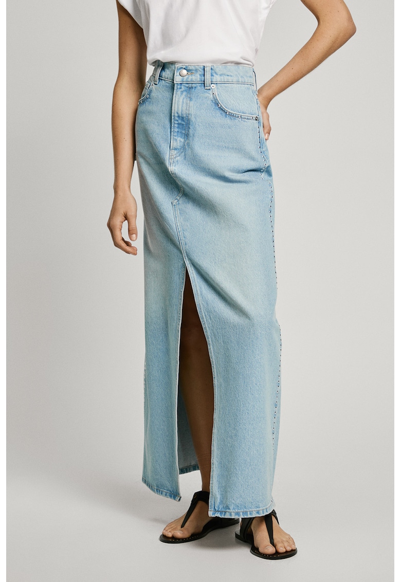 Fusta maxi din denim cu slit frontal