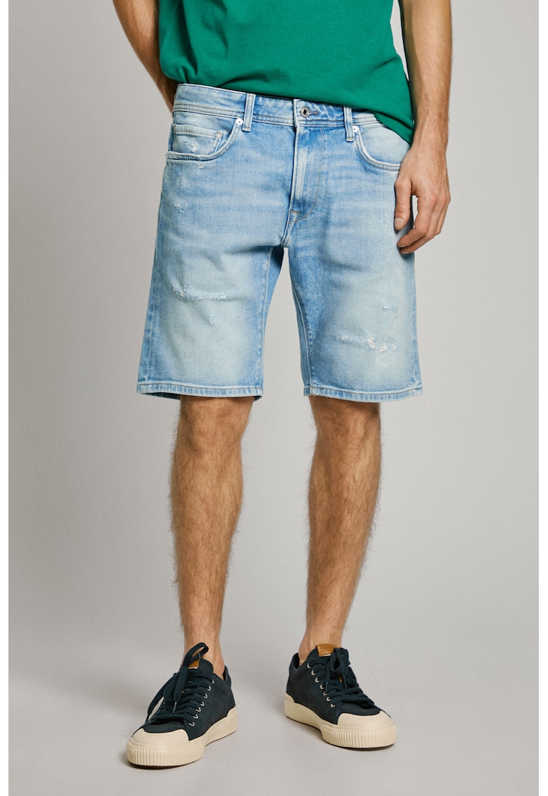 Bermude relaxed fit din denim cu aspect deeteriorat