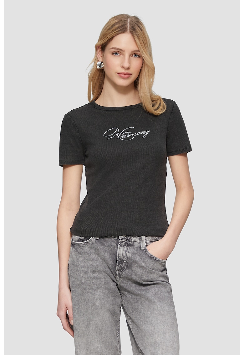 Tricou slim fit cu striatii si strasuri